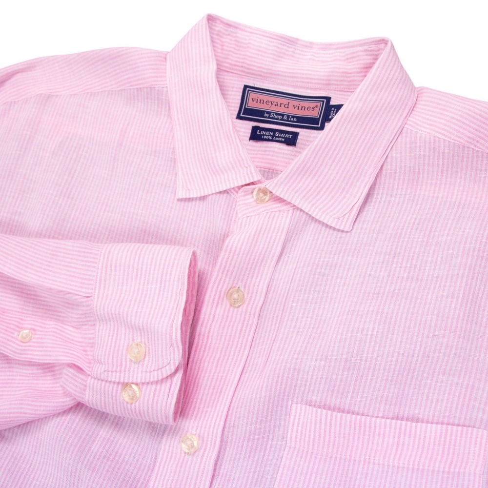 Vineyard Vines Mens L Pink Stripe Linen Long Sleeve Button Front Shirt